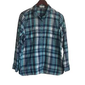 Toad & Co Women Top M Blue Plaid Button Popover Preppy Camping Hike Outdoor